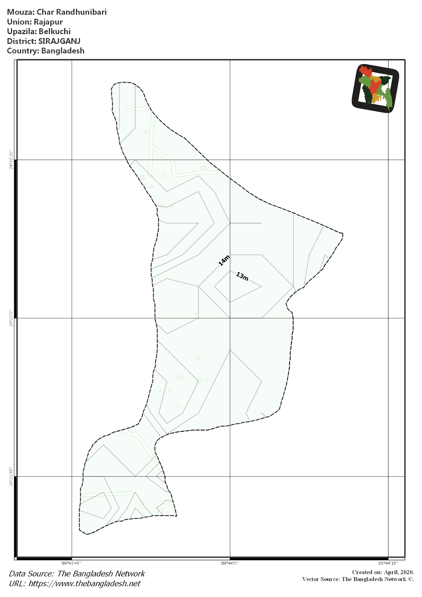 Map of Char Randhunibari Mouza of Belkuchi Upazila, SIRAJGANJ, Bangladesh.
