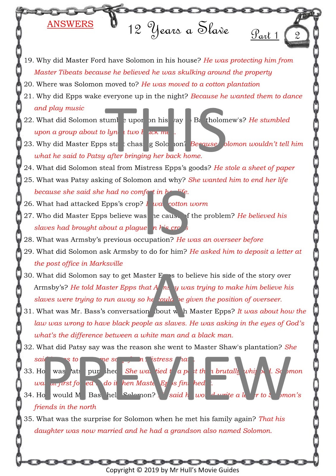 12 Years a Slave Movie Guide + Extension Questions Answer Key