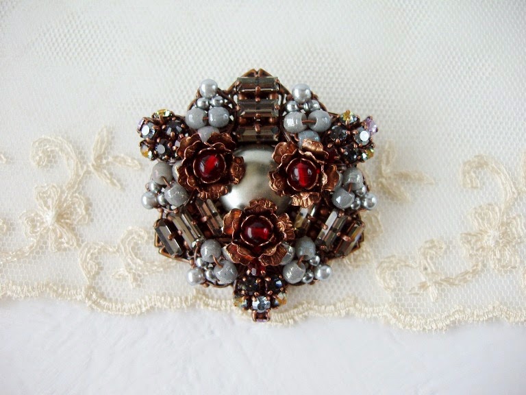 Handmade brooch from Swarovski Preciosa crystal rhinestones Czechoslovakia beads French Prosser Trade beads handmade pearls