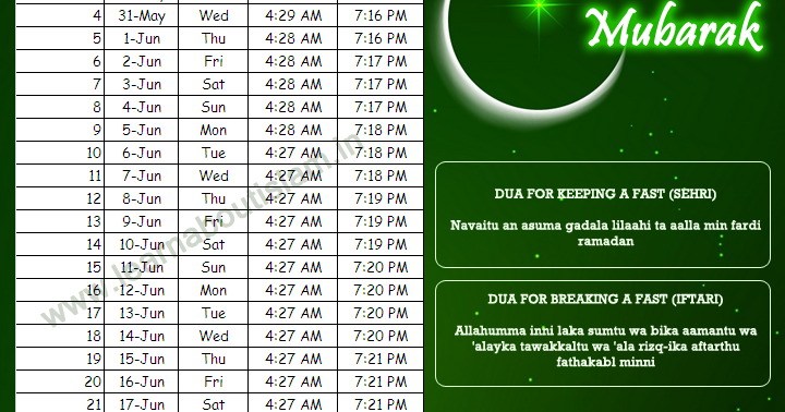 Ramadan Timetable 2017 - Ramadan Sehri and Iftar Dua and 