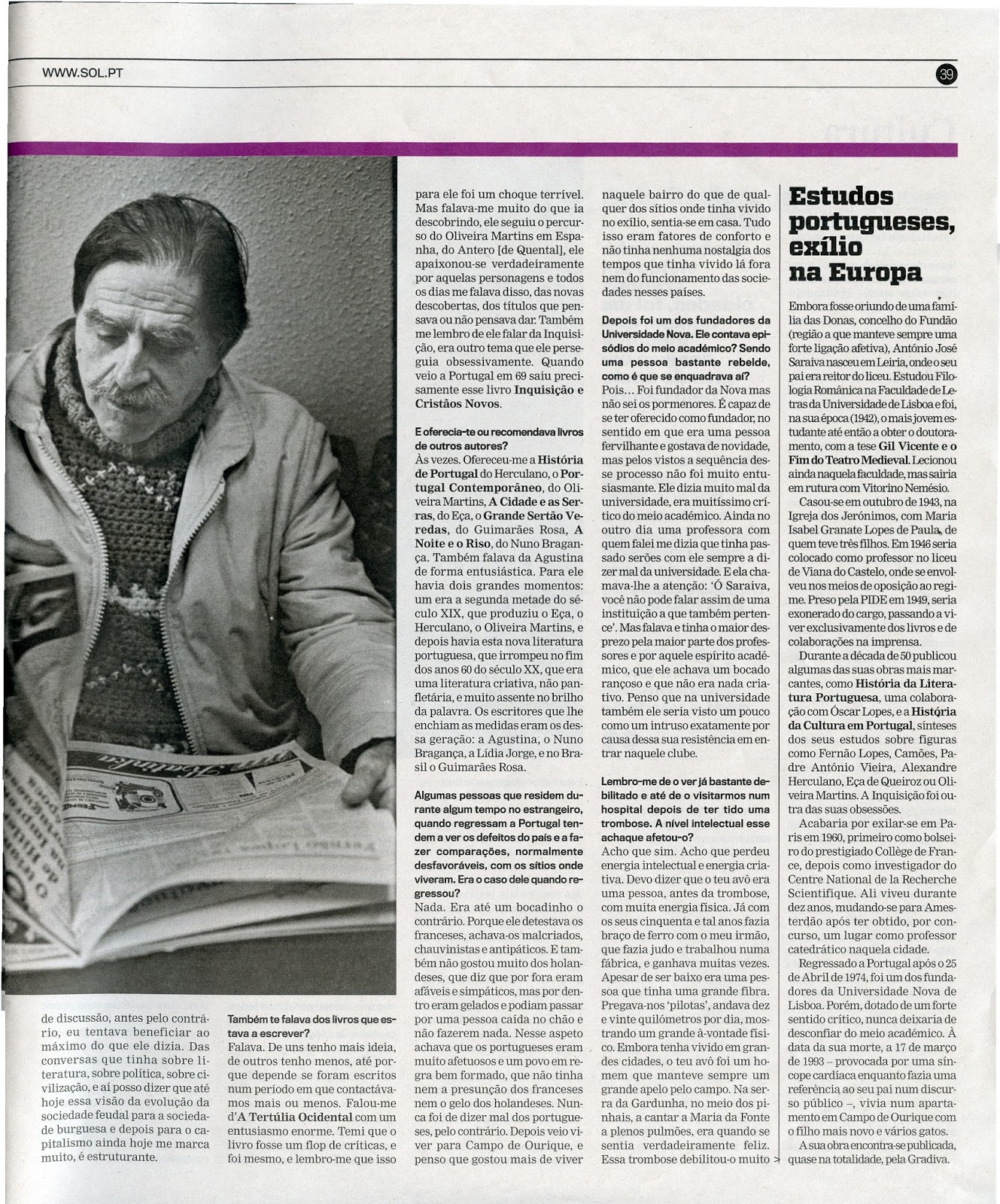 portadaloja António José Saraiva nasceu há cem anos