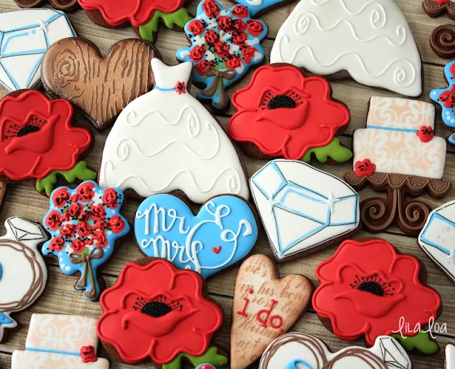 Poppy wedding sugar cookies -- poppies, bouquets, hearts, wedding gown, wedding cake cookies