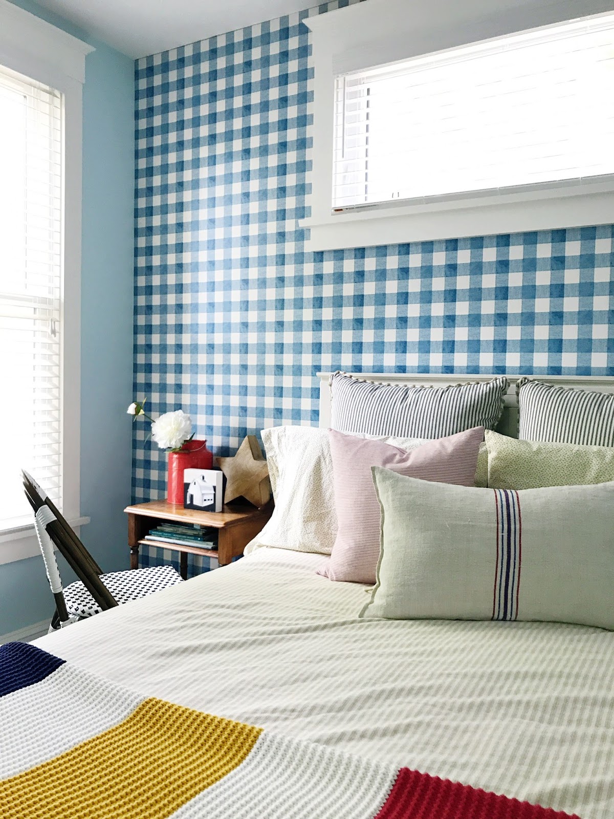 modern country cottage bedroom with gingham wallpaper