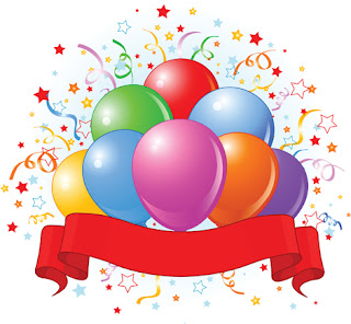 Clipart Image of a Balloon Bouquet, Confetti and Streamers with a Banner