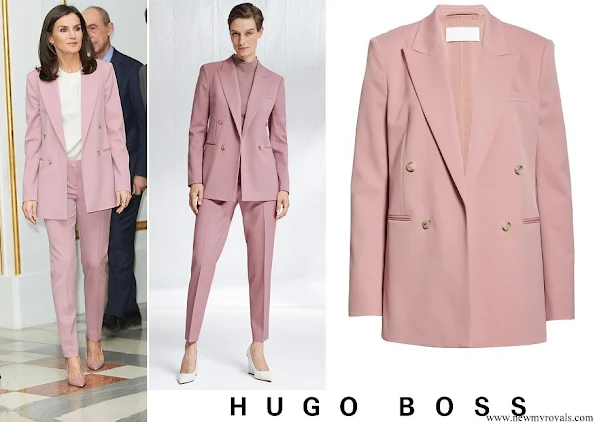 Queen Letizia wore Hugo Boss Jericoa stretch wool double breasted blazer and trousers