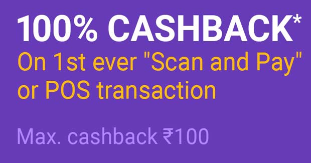 Scan and Pay get 100rs Cashback in PhonePe