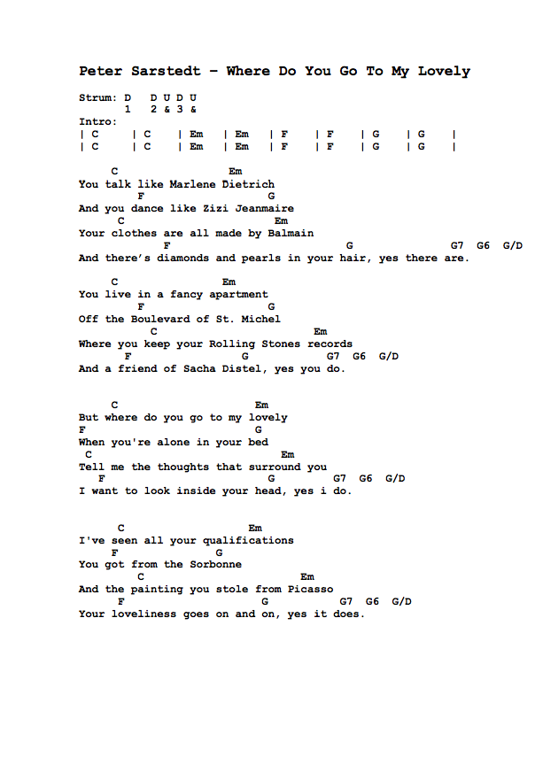 Guitar Tabs: Lyrics and Chords for Where Do You Go To My Lovely