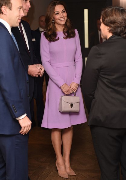 Kate Middleton wore Emilia Wickstead Kate A-line wool crepe dress, Mappin&Webb earrings, she carried Aspinal Of London Mayfair bag