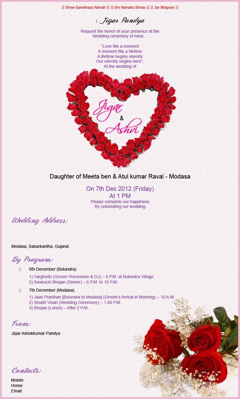Jigar Weds Ashvi Marriage Invitation (Wedding Invitation wordings