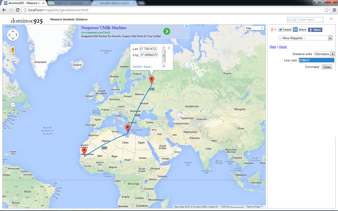 dominoc925: Measure geodesic distances on Google Maps