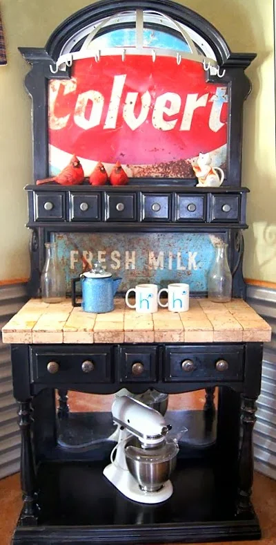 Old sign baker's rack coffee station - by Repurposed Life featured on http://www.ilovethatjunk.com