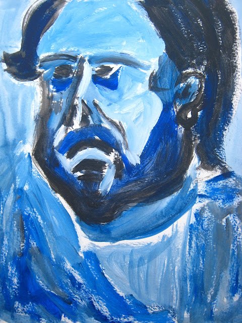 Pintura que muestra un retrato de hombre con barba en azul, blanco y negro casi de perfil, de 31x41cm. y obra de EmeBeZeta