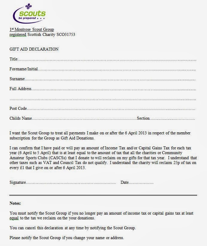 1st Montrose Scouts Gift Aid Application Form