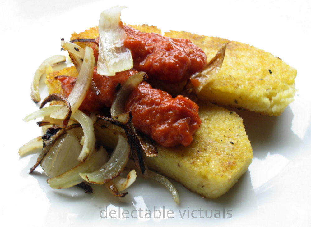 Delectable Victuals Panfried Polenta Cakes with Tomato Sauce