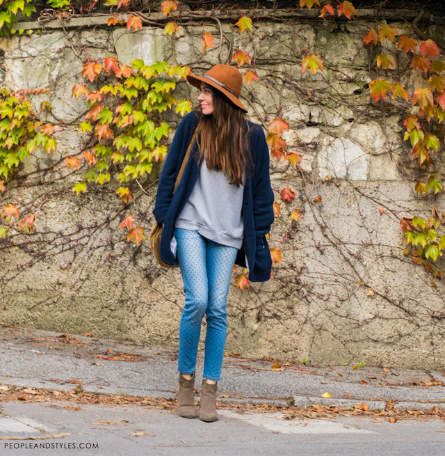 polka dot jeans, heart shape dots jeans Zara, how to style skinny jeans and fedora hat, Ana Josipović, keep it simple style, jesen zima moda 2014, kako stilizirati fedora šešir i uske traperice na točkice