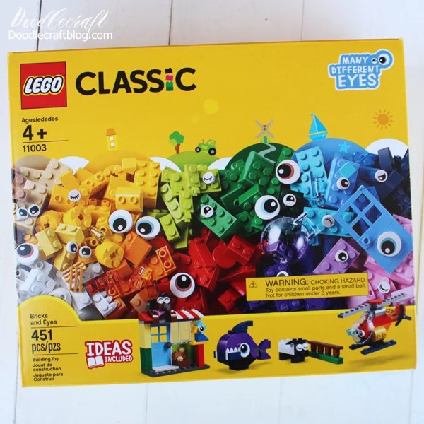 Channel creativity with the classic yellow box of lego pieces: bricks, eyes and accessories for creative play.