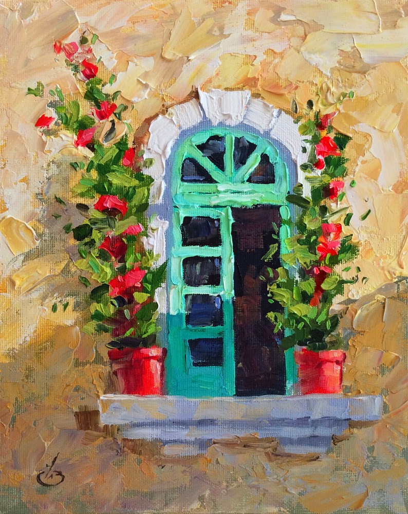 TOM BROWN FINE ART COLORFUL ROSES, WINDOW, STUCCO WALL