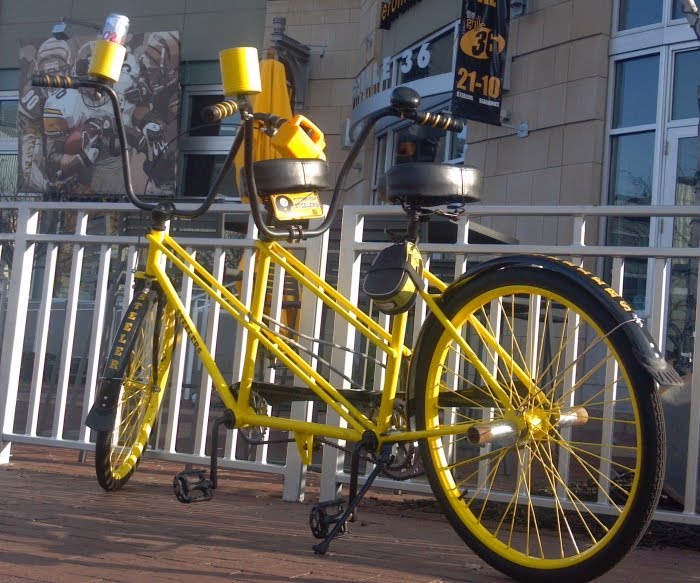 Steelers Black and Gold Tandem Bicycle, by Rapp's Bicycle Center of Butler PA, outside Jerome Bettis' Grille
