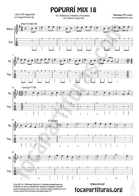  Tablatura y Partitura de Banjo Popurrí Mix 18 Aserrín Aserrán Infantil, Cantiga nº 100 y Waltzing Matilda Tablature Sheet Music for Banjo Music Score Tabs