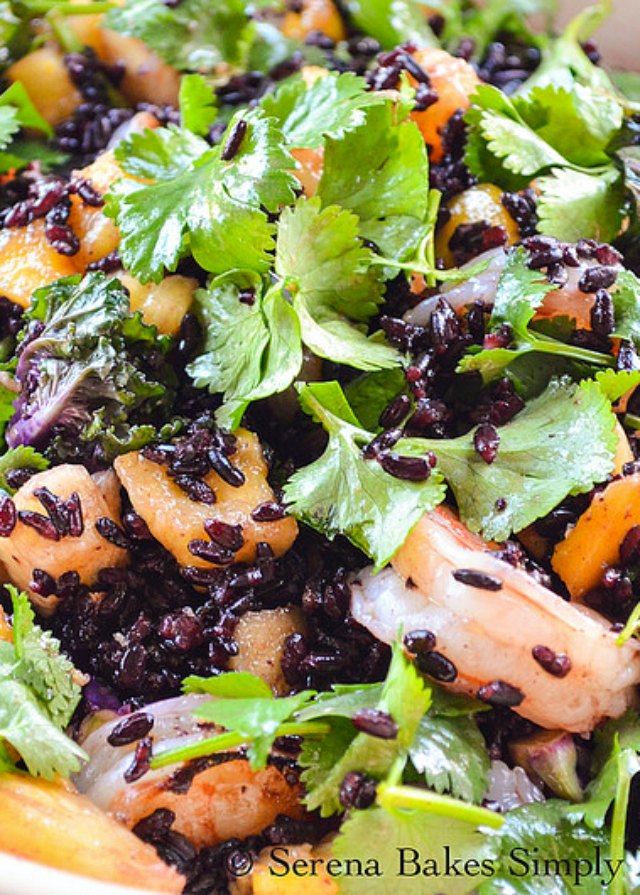 Asian Shrimp Black Rice Salad with mango, pineapple, and asian dressing from Serena Bakes Simply From Scratch.