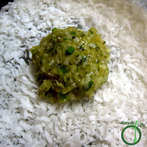 Morsels of Life - Coconut Shrimp Patties Step 3 - Take a portion of the shrimp mixture and cover it with coconut.