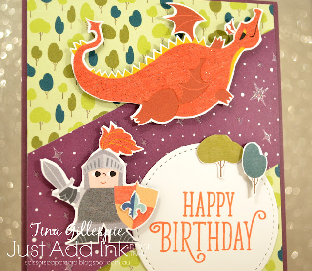 scissorspapercard, Stampin' Up!, Just Add Ink, Myths & Magic DSP, Happy Birthday Gorgeous, Stitched Shapes Framelits