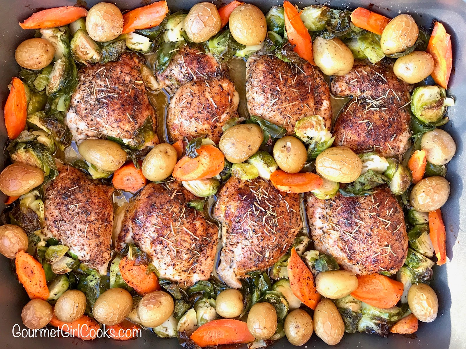 Gourmet Girl Cooks Roasting Pan Herbed Chicken Thighs & Sprouts One