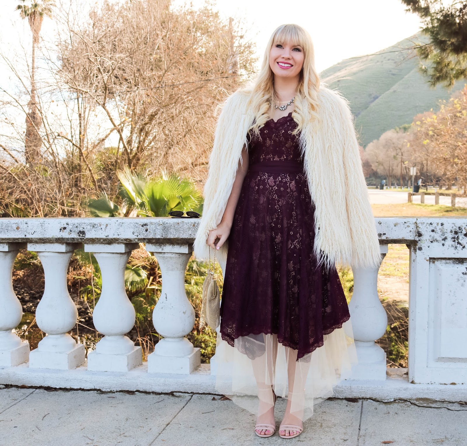 New Year's Eve Outfit: Lace Dress & Faux Fur Coat