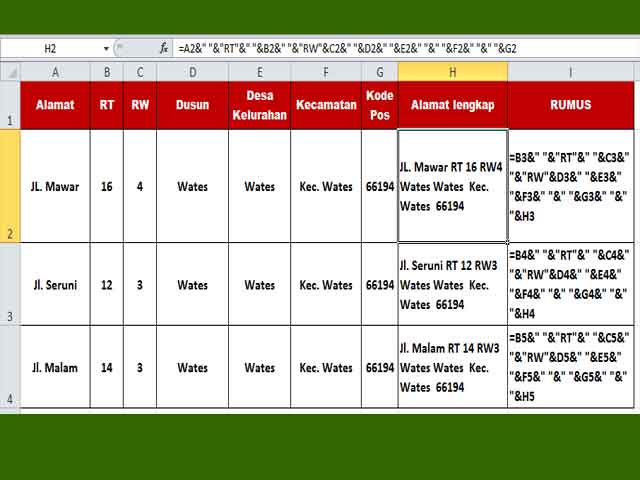 Langkah Mudah menggabungkan teks dan isi kolom di excel