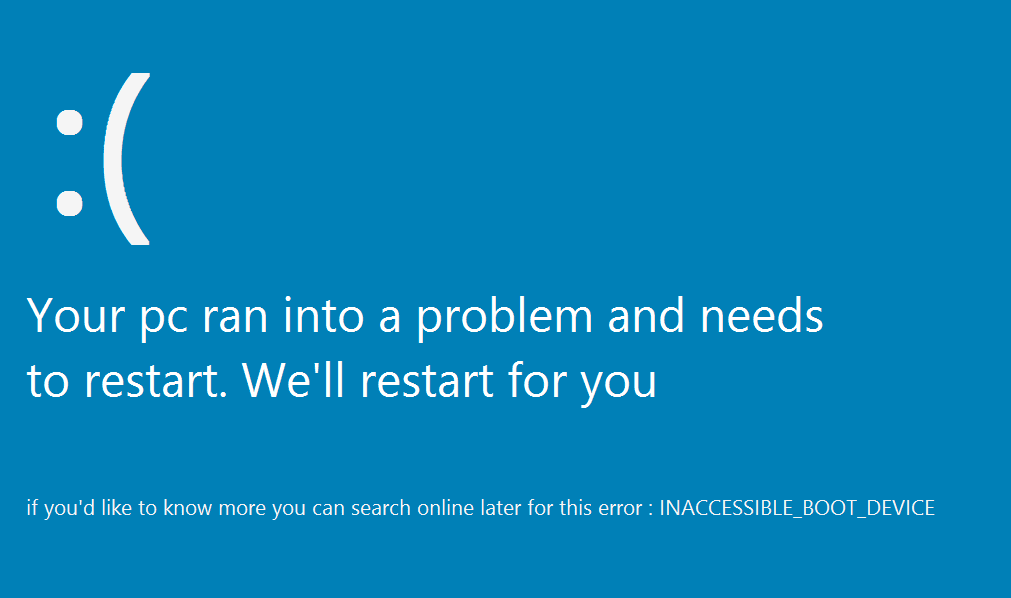 Inaccessible boot device при загрузке windows 10. Inaccessible boot device при загрузке windows 10. Bsod inaccessible boot device. Windows bsod inaccessible boot device. Синий экран inaccessible boot device.