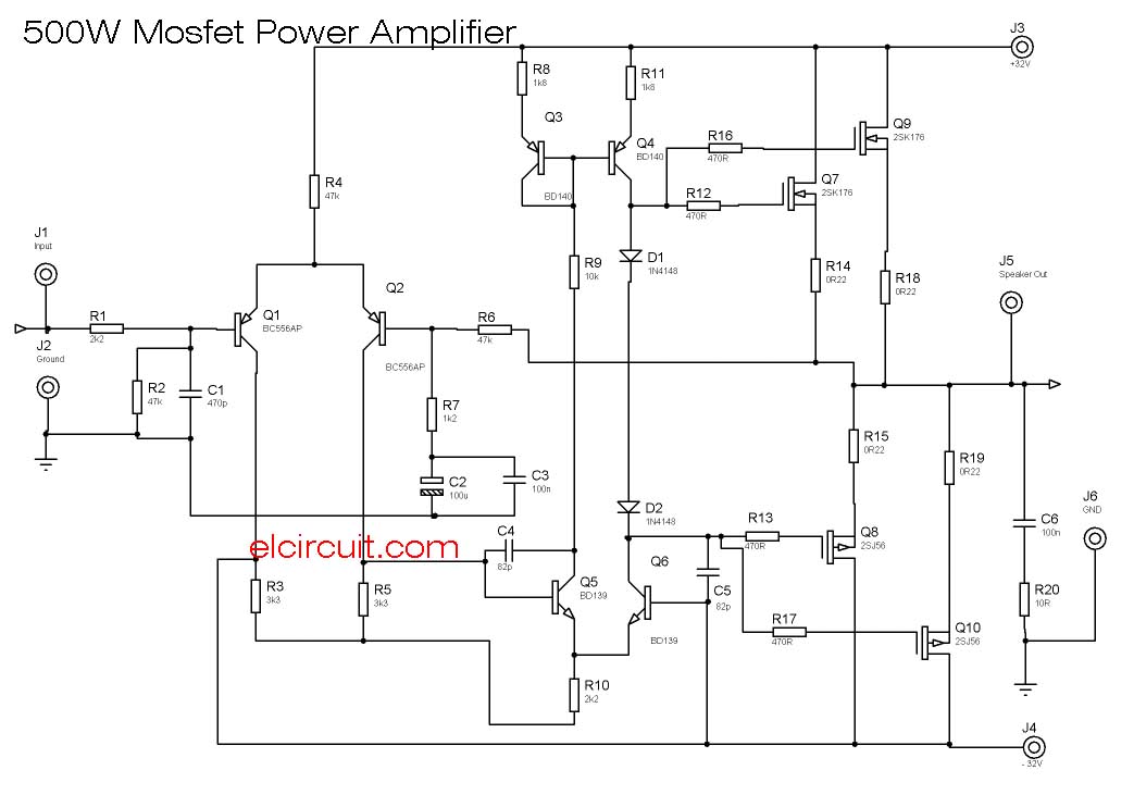 500W Mosfet Power Amplifier 2SK176, 2SJ56 - Electronic Circuit