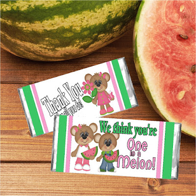 I know I could use a few extra Karma points today by saying thank you to someone in my life with this sweet Watermelon candy bar wrapper.  Wrapper has such cute summer colors and reads "We think you're one in a melon!"  What a perfect summer thank you gift.