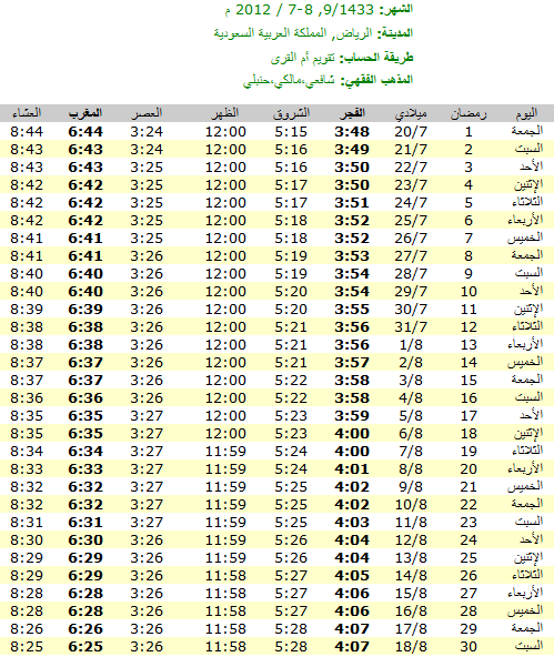إمساكية رمضان لعام 2012 الموافق  1433 بتوقيت السعودية (الرياض)