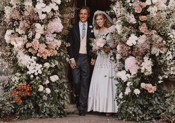 Princess Beatrice wore one of the Queen's vintage Norman Hartnell gowns and the Queen Mary diamond fringe tiara, wedding ceremony