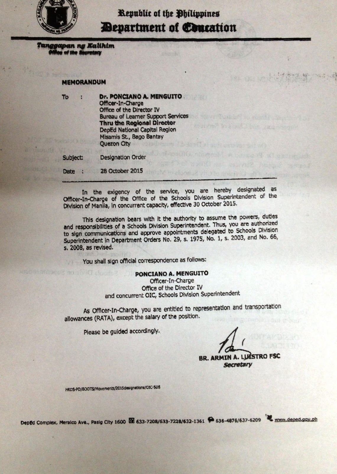 Department of Education Manila: DM 484, 2015 Designation Order