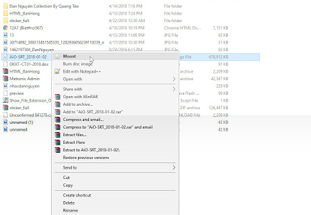Đối với windows 8/8.1/10 bạn chỉ cần chuột phải vào file ISO này và nhấn Mount Đối với windows 8/8.1/10 bạn chỉ cần chuột phải vào file ISO này và nhấn Mount