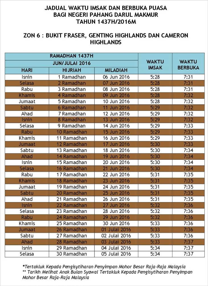 Jadual Waktu Berbuka dan Waktu Imsak Ramadhan 1437H 2016 Seluruh Negeri