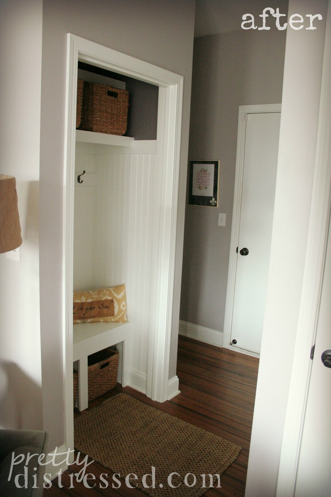 Pretty Distressed Hall Closet Turned Mini Mudroom Makeover