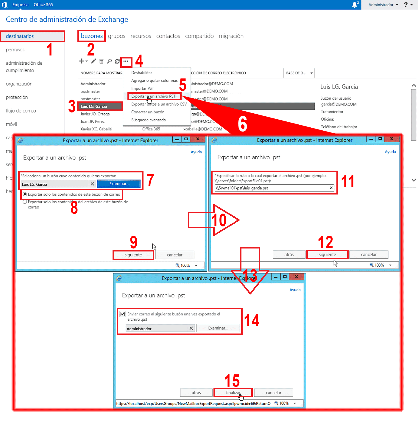 Pantallazos.es Exchange 2013/16 ECP Exportar buzón a un archivo PST