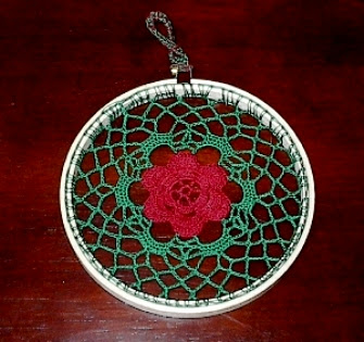  Red Flower in Green Hanging Decoration or Suncatcher - Hand-Crocheted by RSS Designs In Fiber - Private Gift - Email for Custom Order Request