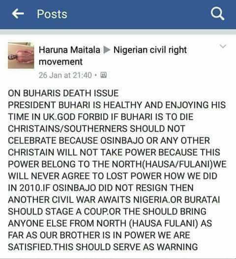  Hausa/Fulani Man Threatens Nigerians Over Alleged Buhari's Death “Pray Buhari Doesn’t Die, Because If He Does This Country Will Break” [See More Shocking Details]