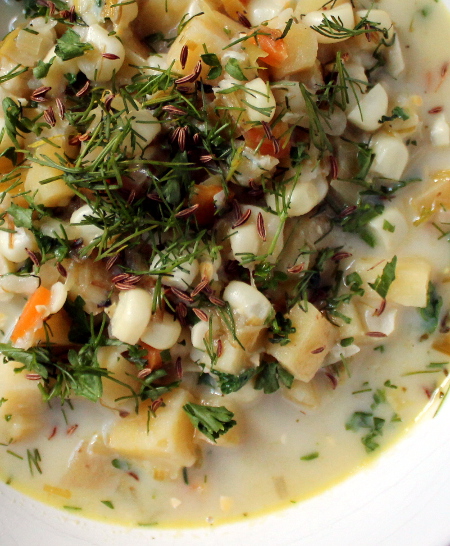 Potato corn chowder with fennel, dill, and caraway