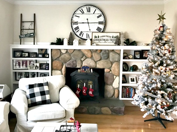 Neutral Christmas Holiday room with tree and mantel