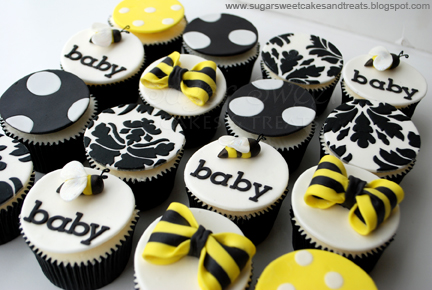 Assortment of bumble bee themed baby shower cupcake toppers (bees, polka dots, bows, damask, baby).