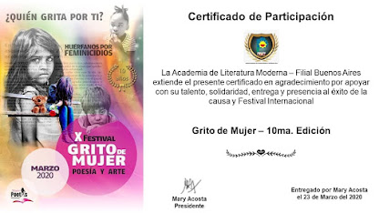 Mirta Praino recibe Certificado en el marco de la 10° Edición del Festival Grito de Mujer