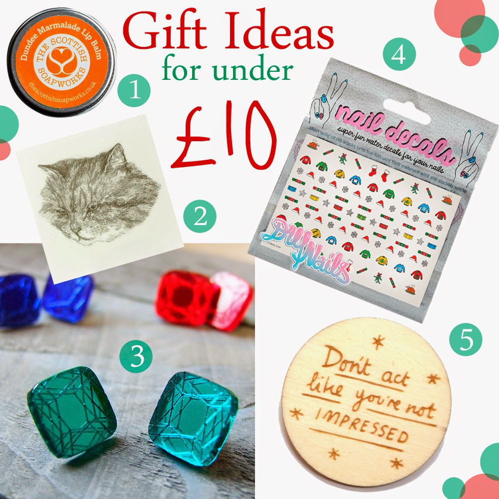 Gifts for under £10 Christmas Gift Guide, Christmas gift ideas, gifts for under a tenner, present ideas for under £10, stocking fillers, shop small secret santa, secret santa gift ideas, the scottish soapworks, Dundee Marmalade Lip Balm, Hello Harriet, cat tattoo, Runaway Fox, sparkly earrings, DIY nails, christmas day nail decals, Kate Rowland, Hannah Zakari, Anchor Man brooch