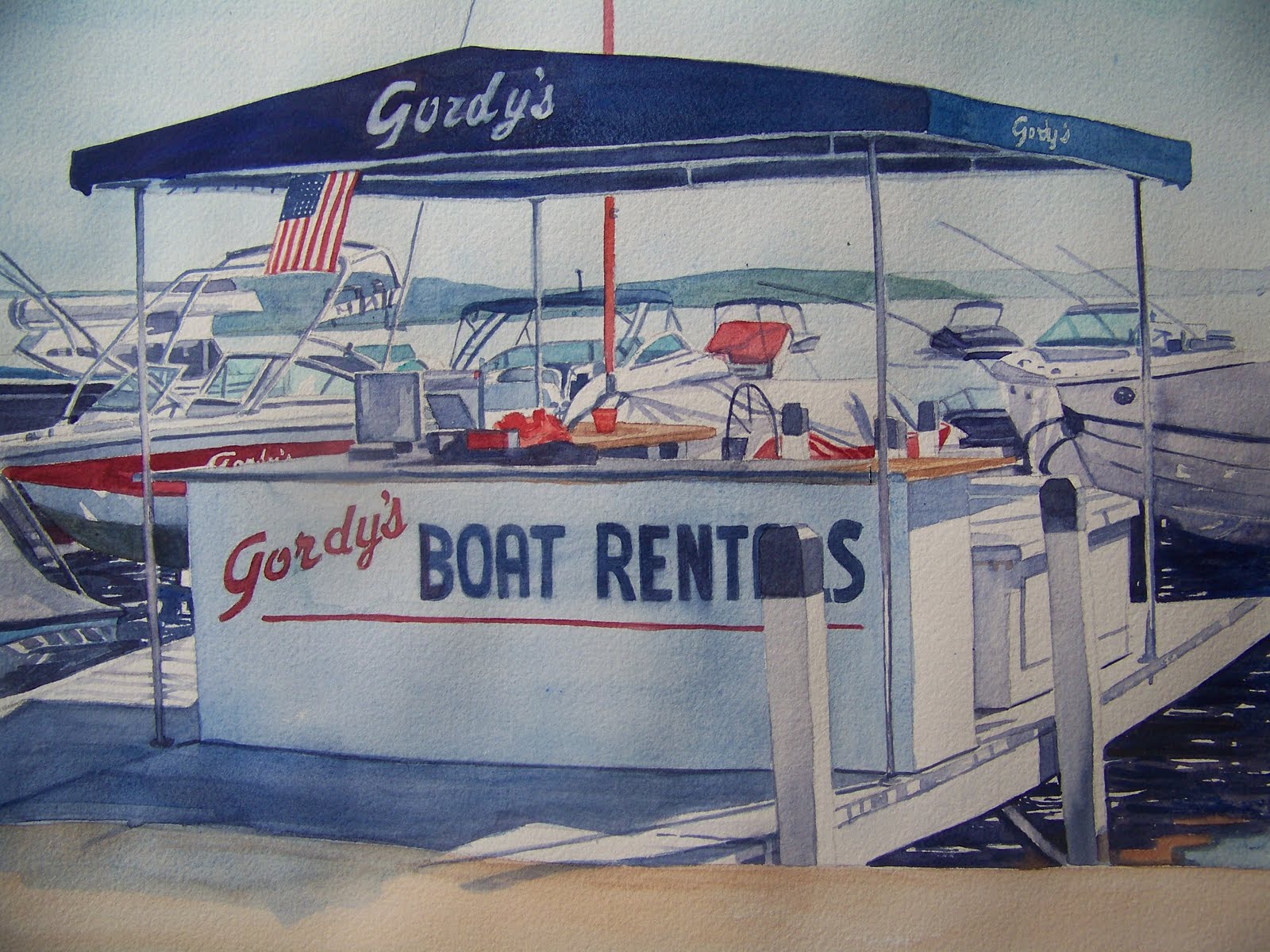 Pat Heintzelman Watercolors Gordy's Boat Rentals, Fontana, Wisconsin