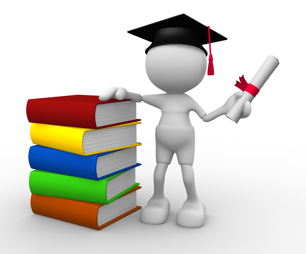 stick figure graduate standing next to stack of books