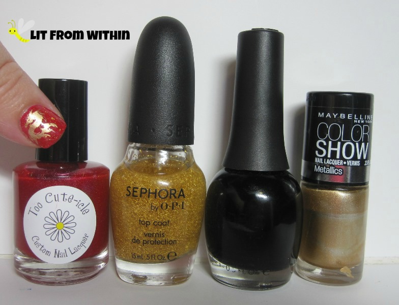 Bottle shot:  Too Cute-icle Lifeguard, SOPI It's Real 18k topcoat, Finger Paints Black Expressionism, and Maybelline Bold Gold.