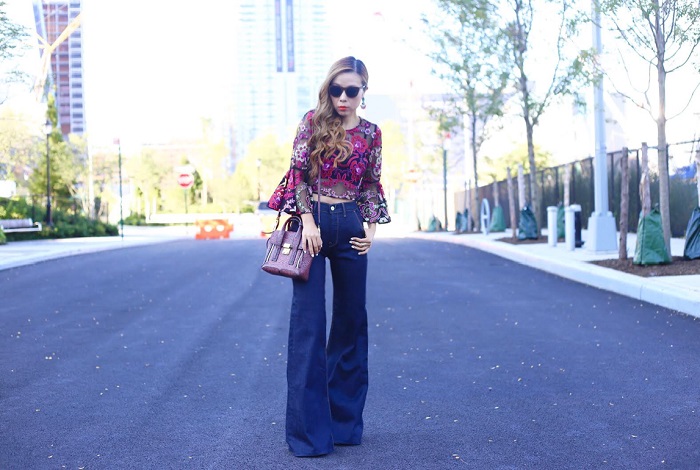 NastyGal embroidered top with flare sleeve, 7fam flare jeans, 31phillip lim mini pashli bag, baublebar earrings, wear panda sunglasses, street style, new york city, fashion blog, nyc fashion blog, new york fashion week, trends, 70s inspired outfit, retro style